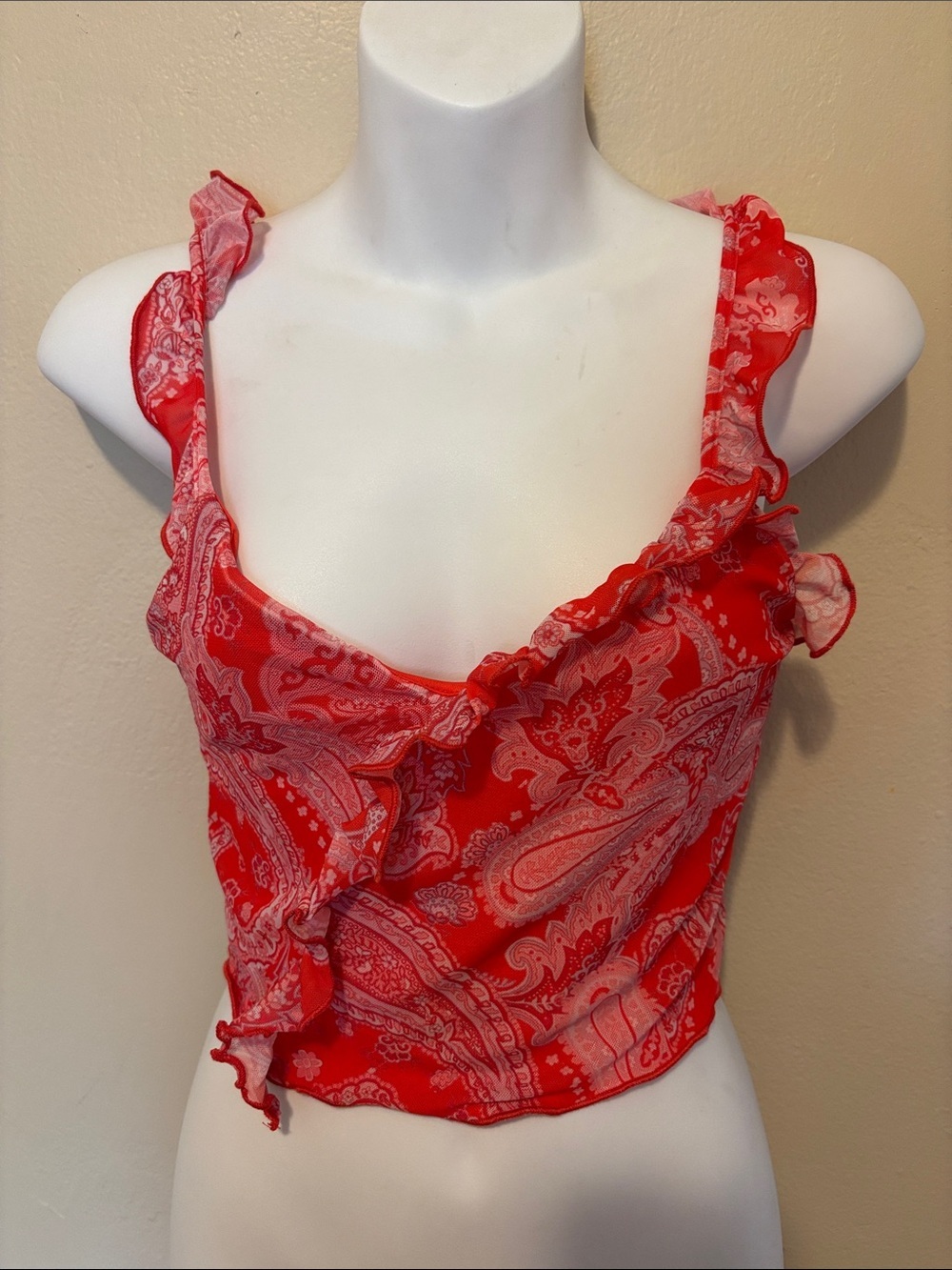 Bershka Red Paisley Ruffle Crop Top